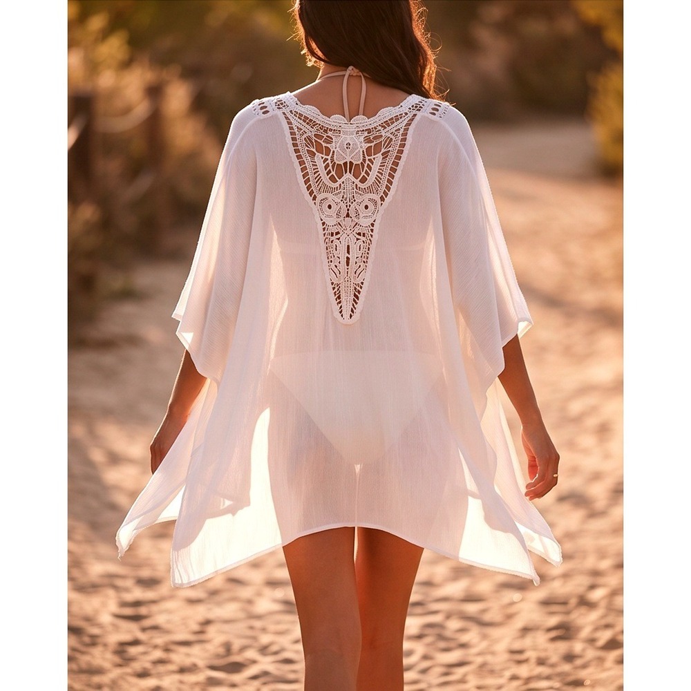 Vince Camuto Womens White Crochet Back Sheer Beach Cover Up Kimono One Size NWT